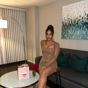 OhPolly Sheer Embellished Long Sleeve A-Line Mini Dress With Jewels